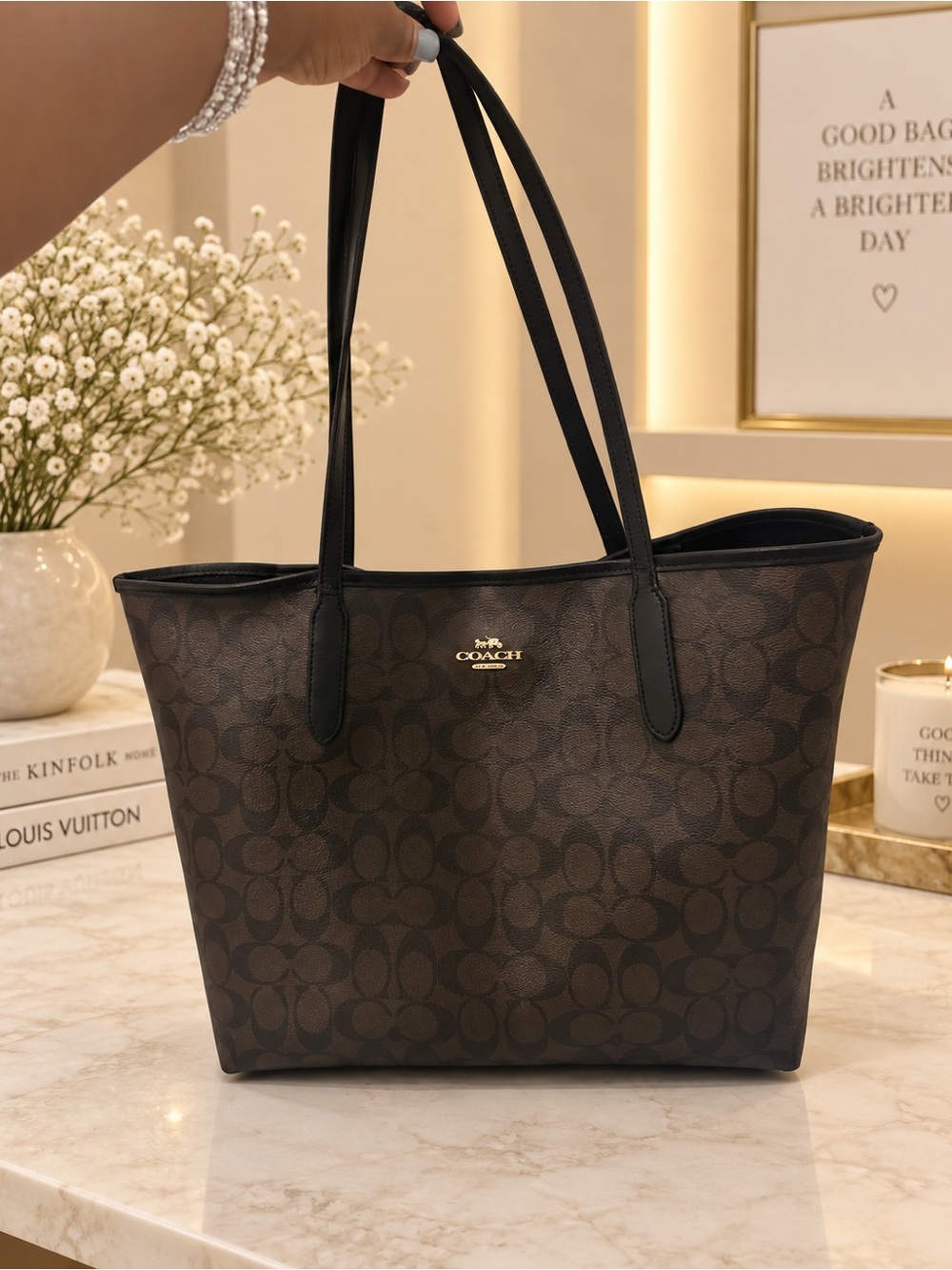 Coach Brown Signature Canvas Tote with Black Trim